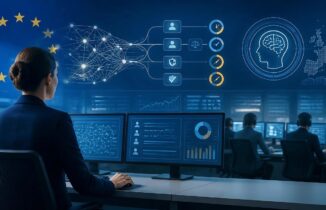 Human supervisor monitoring AI contact center systems with override and stop controls, representing EU AI Act Article 14 human oversight.